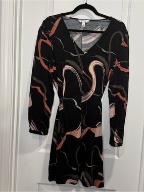 Nine West Black Long-Sleeve Abstract Swirl Dress with Coral & Blush Accents